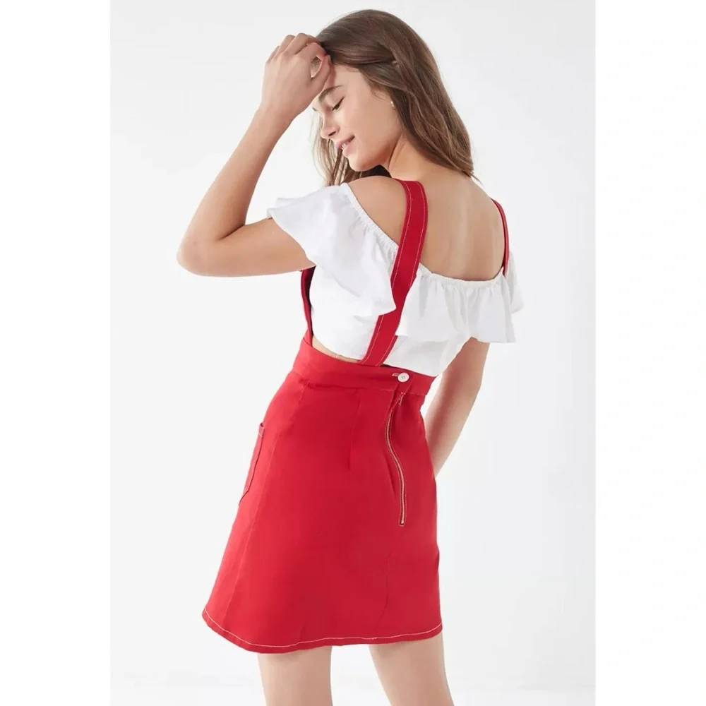 Lykke Wullf Anita Overall Mini Dress (Sz M) A-Line Patch Pocket Red Twill Cotton - Picture 4 of 16